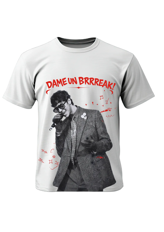 White t-shirt with a graphic design of a person in a suit and text 'DAME UN BRRREAK!' on a black background.